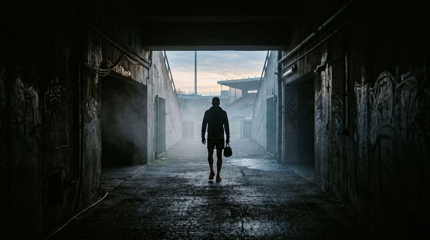 Athlete walking through atmospheric stadium tunnel at dawn